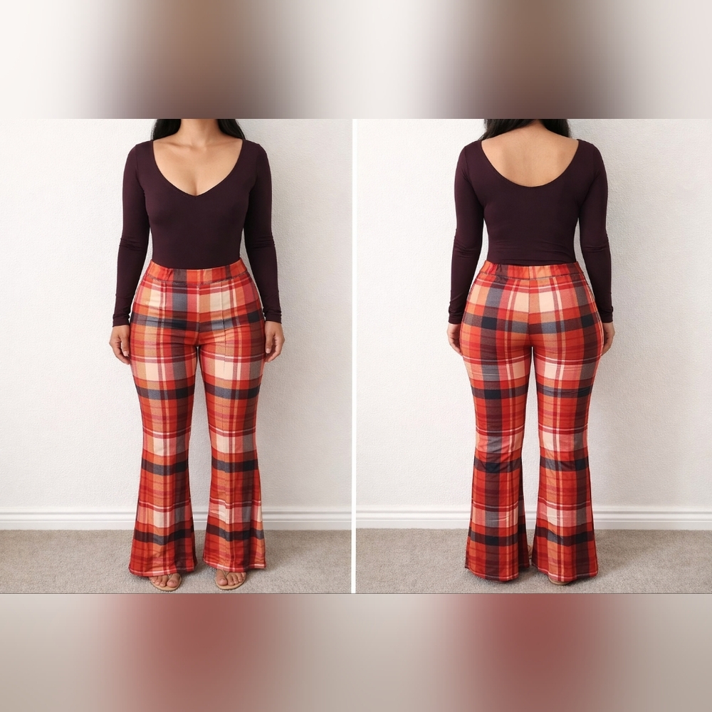 SHEIN Red and‎ Orange Plaid Flare Pants
